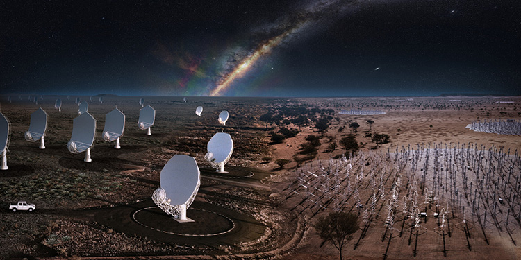 Artist impression of the hexagonal dish-shaped antennas of the SKA-Mid telescope at left blends with an artists’ impression of the tree-shaped silver antennas of the SKA-Low telescope on the right, both under the night sky. Credit: SKAO.