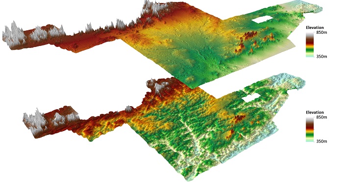 Perspective view of Eastern part of APY Landscape, looking NE. Contemporary typography is shown in the upper image, while the lower image depicts the landscape as it may have looked ~50m years ago. The incised palaeovalleys, now filled with sediment, are clearly defined in the lower image