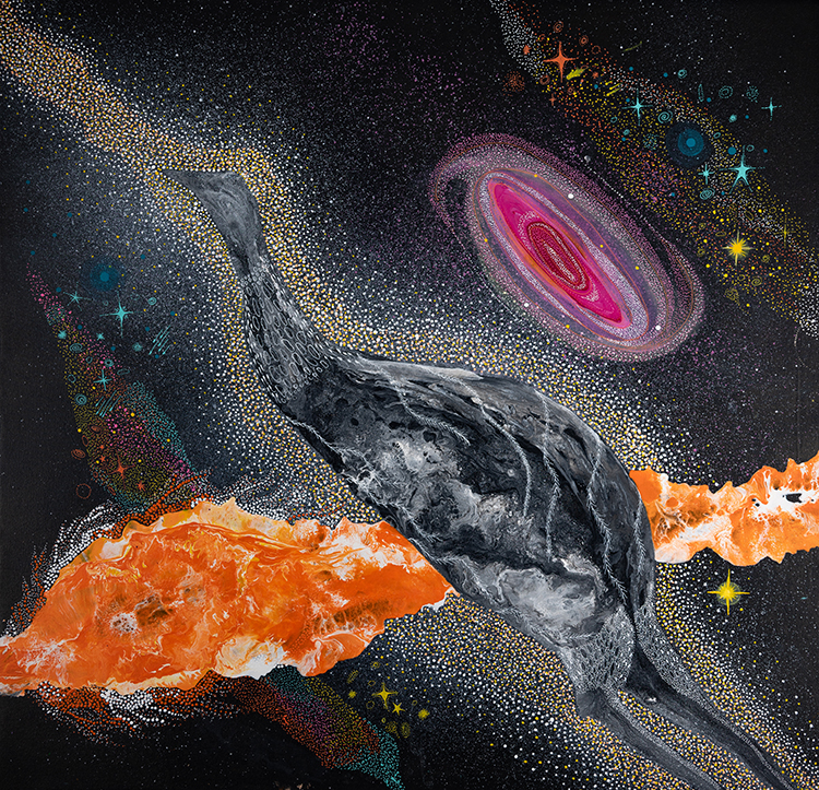 A square-shaped Wajarri Yamaji artwork depicting the Emu in the Sky dark constellation across the middle of the painting in shades of grey and black. The emu is surrounded by a haze fo small dots in yellows and whites and behind the emu stretches a bright orange and white strip. The top right of the artwork includes a large spiral-shaped galaxy in shades of pink and purple and a collection of stars and celestial objects in oranges, yellows and blues. 