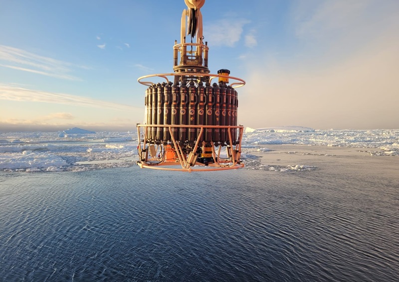 A rosette water sampler device ready to be lowered into the ocean