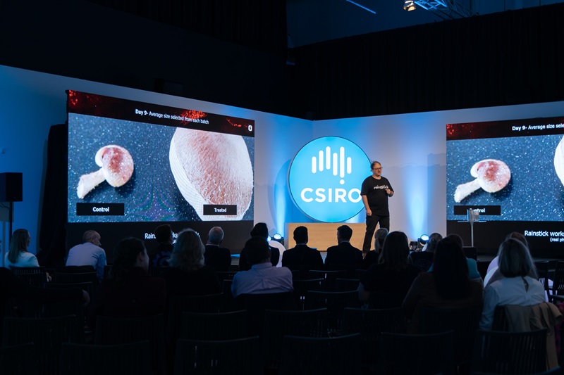 Person standing on a stage with the silhouette of heads of audience members facing him. He is backlit by a large screen showing the differing growth rates of two mushrooms, one smaller mushroom grown as a control and the second treated using electrial current. Also backlit by a large CSIRO logo in the corner of the stage.