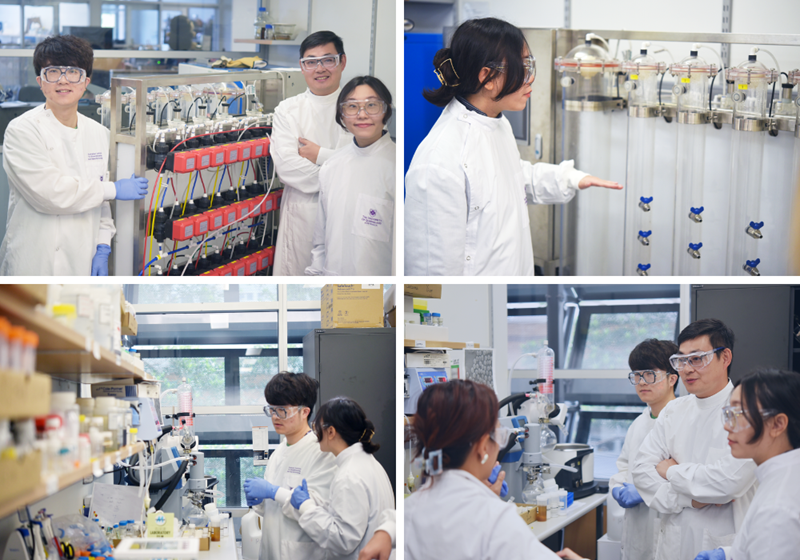 Collage of 4 photos showing people in lab coats in a lab