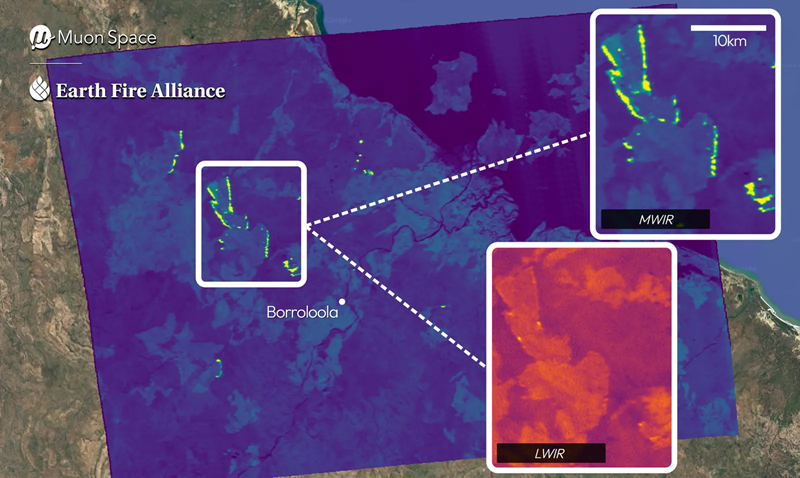 Satellite image with area highlighted and two breakout boxes highlighting MWIR and Long-Wave Infrared (LWIR) channels which reveal variations in surface temperatures across the landscape