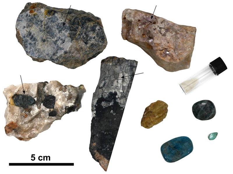 Apatite minerals displaying a variety of colours and size.