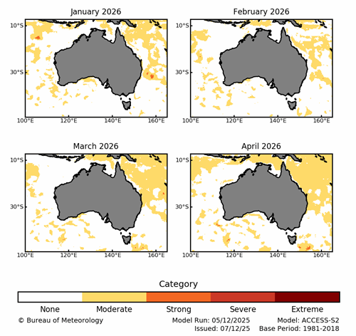 Grid of 4 maps of Australia showing the forecast of marine heatwaves with a key at the bottom showing colour range from none (white) to moderate (yellow) to strong (orange) to severe (red) to extreme (dark red).
