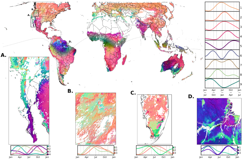 Global map with multi colours showing complex regional gradients, with breakout boxes showing particular regions and a graph to the right with a graph with multiple lines showing in a line the fluctuations over time.