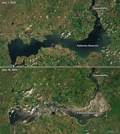 Two satellite images comparing the Kakhovka Reservoir in Ukraine before and after the 2023 dam breach-one showing a full body of water and the other revealing a largely dried, cracked riverbed.