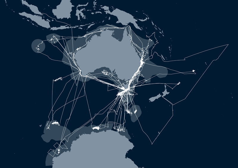 Map of Australia and surrounding land masses with white lines showing the track of a ship around the continent and as far as Antarctica.