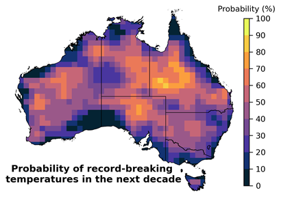 Map of Australia with colour coding showing probability of record breaking temperatures in the next decade 