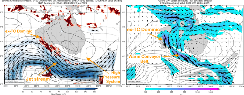 Two maps of Australia side by side with swirls over laid showing heatwave in the atmosphere