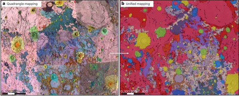 showing patchwork regions mapped separately by different cartographers in varying colours and styles. 1b: Modern unified geological map of the Moon, combining earlier maps into a seamless, consistent global view with harmonised colours and boundaries.