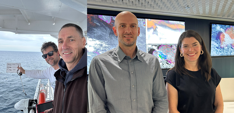 A montage of two images. On left, two scientists on board a vessel at sea. To right, two scientists in front of monitors showing maps.