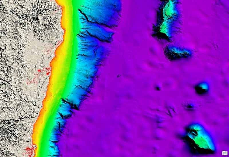 A colourful image showing the depth of the seafloor in different colours.
