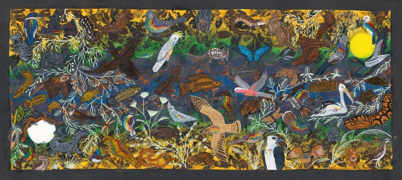Different native species painted against a backdrop of a river ecosystem and with dots reflecting occurrence data records.