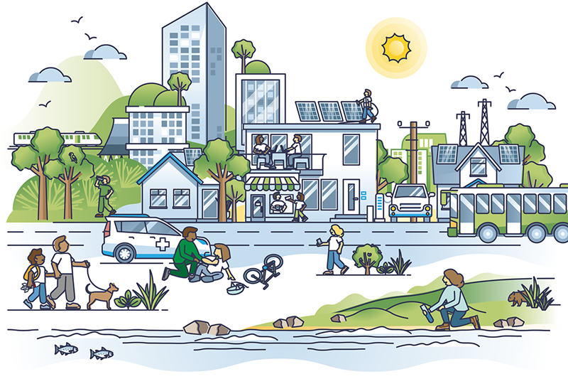 Illustration of a typical Australian street scene, capturing some of the ways science and innovation supports Australians at home, at work and in the community. Image portrays people walking, working and travelling among homes, offices, and green spaces, and features solar panels on buildings, sustainable transport options, Wifi use on phones and laptops, a green whistle in use, and spending with polymer banknotes as examples.