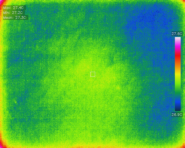 Thermal IR image of fine-scale ocean surface thermal structure. Light green in the middle, transitioning to darker green and then blue with a colour key strip to the right.