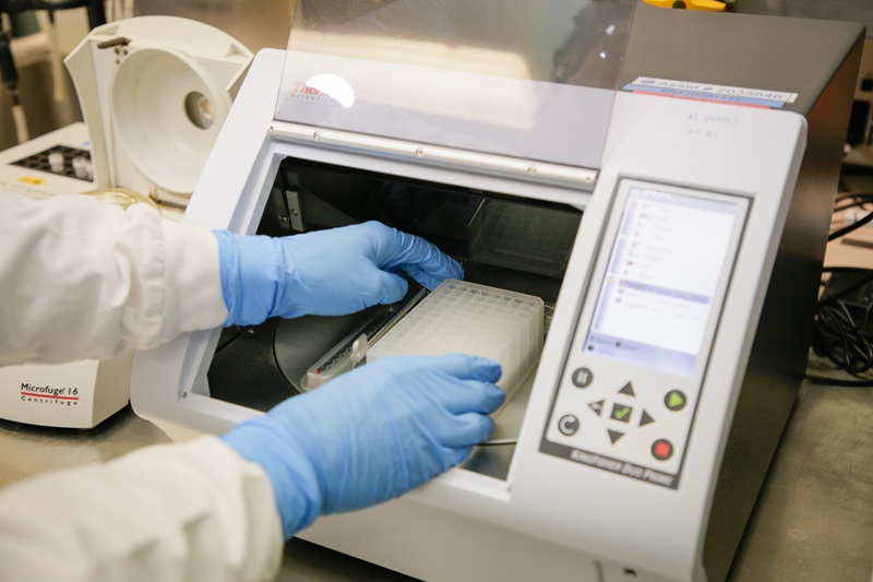 Close-up of gloved hands placing a multi-well sample plate into an automated laboratory instrument. The equipment is used to process virus samples and prepare genetic material for further analysis in a specialist laboratory setting.