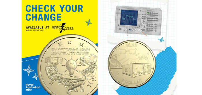 Two graphic images side by side. The image on the right has the title 'Check your change' and a coin with images showing various Australian inventions. The second image has a coin showing a computer and an image of what looks like a computer.