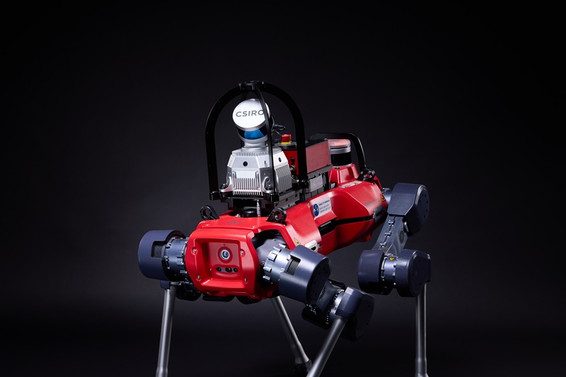 A red quadruped robot equipped with cameras and sensors is pictured against a dark background.