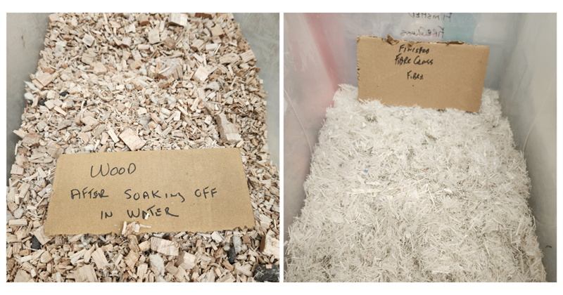Side by side images of wood chips in a container with a handwritten label reading "wood, after soaking off in water" and white fibreglass fibres in a container with a handwritten label reading "finished fibreglass fibres".