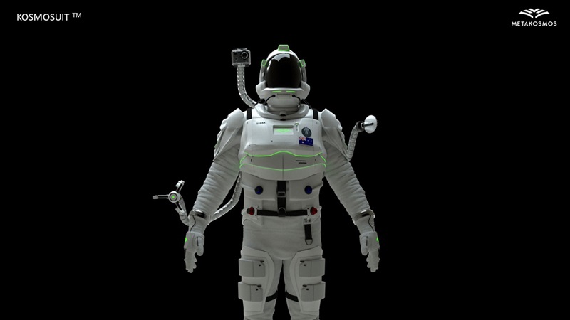 A high-tech Kosmosuit spacesuit with equipment attached.