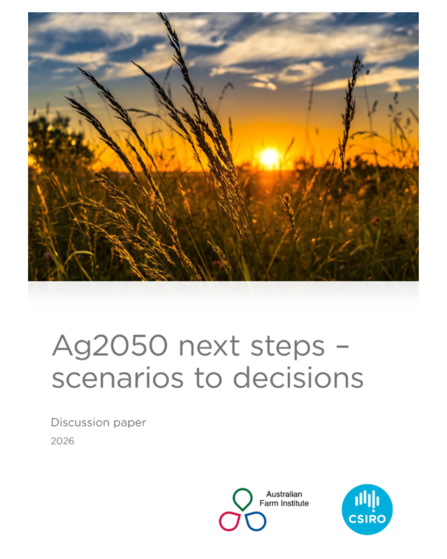 Cover of a discussion paper titled "Ag2050 next steps – scenarios to decisions," dated 2026. The top half shows a photograph of tall grasses and wildflowers silhouetted against a golden sunset with a partly cloudy sky. The Australian Farm Institute and CSIRO logos appear at the bottom.