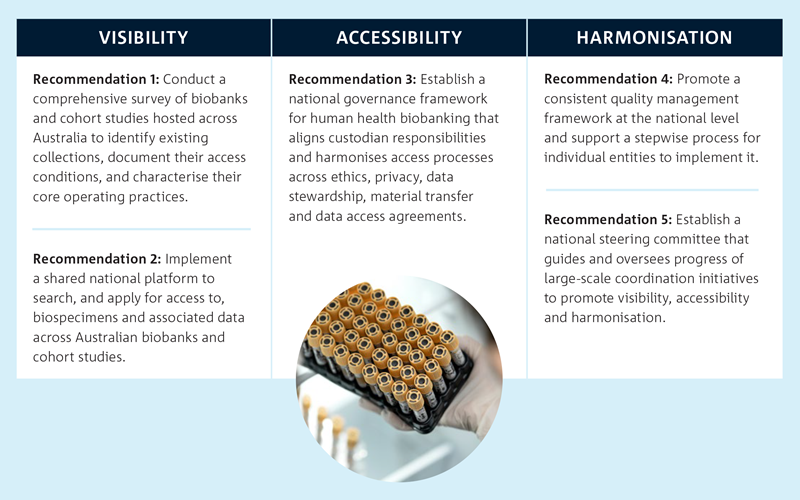 Table outlining five recommendations for improving biobank and cohort study coordination in Australia