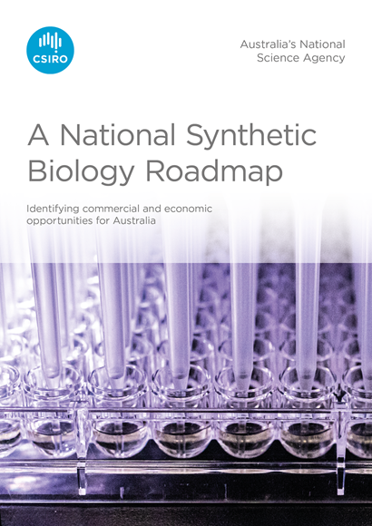Front cover of a report, titled 'A national synthetic biology roadmap', accompanied by a picture of lab gear.