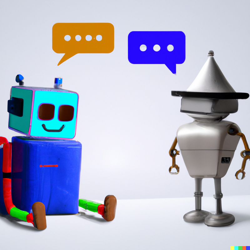 Two robots, one modern and one older looking, talking to each other