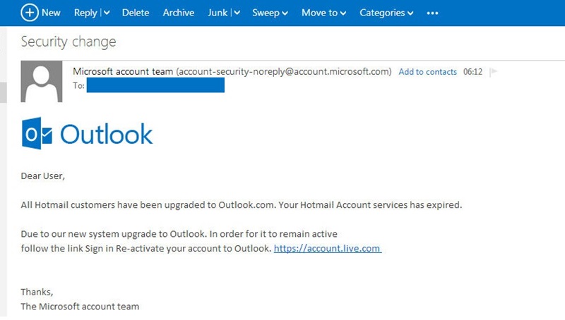 Outlook phishing scam