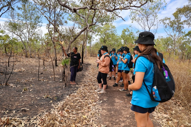 Group of people standing in the bush land participating in Learning on Country from an Indigenous educator. 