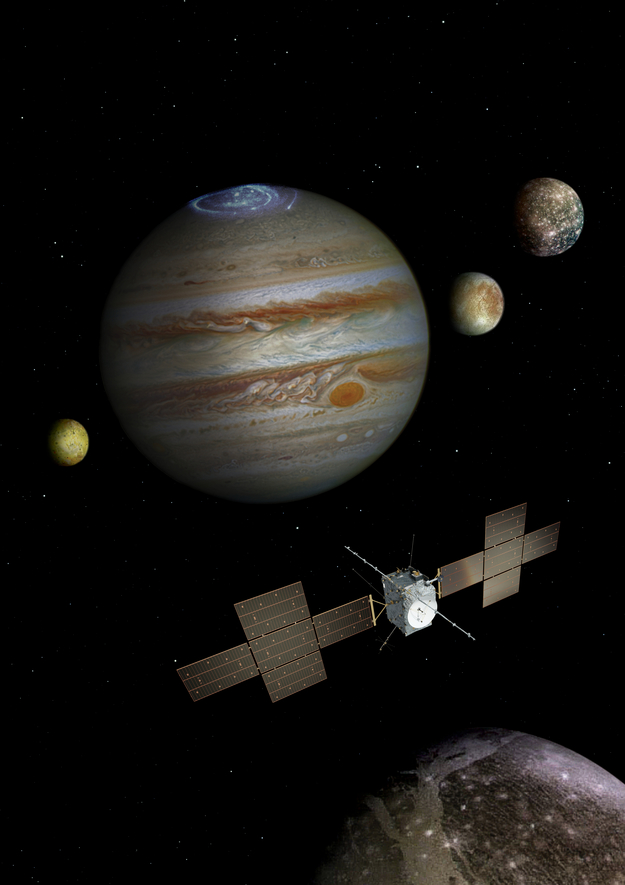 Artist’s impression of the JUICE mission showing Jupiter, its icy moons Ganymede, Callisto and Europa (not to scale) and the spacecraft in the foreground.