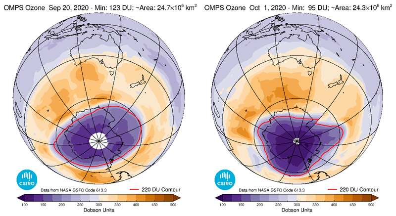 Graphic showing the size and location of the ozone hole at its maximum area and minimum ozone column amount in 2020.