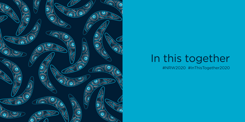 boomerang artwork next to a blue square with the words 'In this together writen on it to celebrate our Indigenous australian music playlist