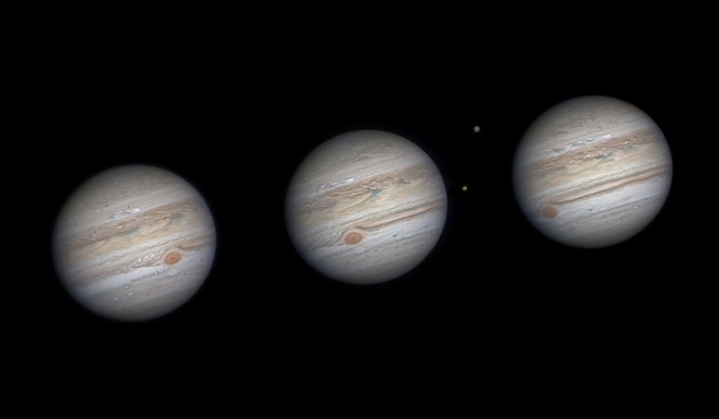 An astrophotography image of the planet Jupiter repeated three times.