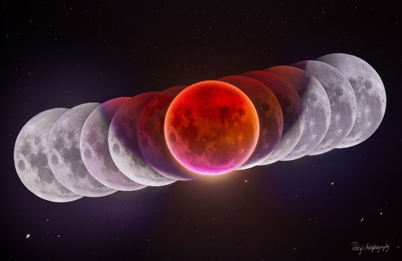 An astrophotography image of a red planet with lighter images of the same planet on the left and right.