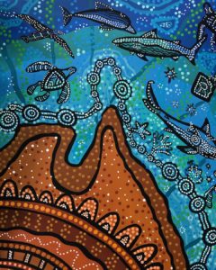 An Indigenous painting of Investigator's latest voyage. North Australia is in brown and the ocean is green and blue. There are sea creatures in the ocean.