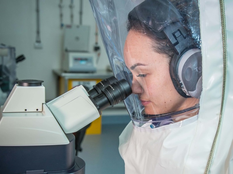 A scientist in full protective gear looks through a microscope.
