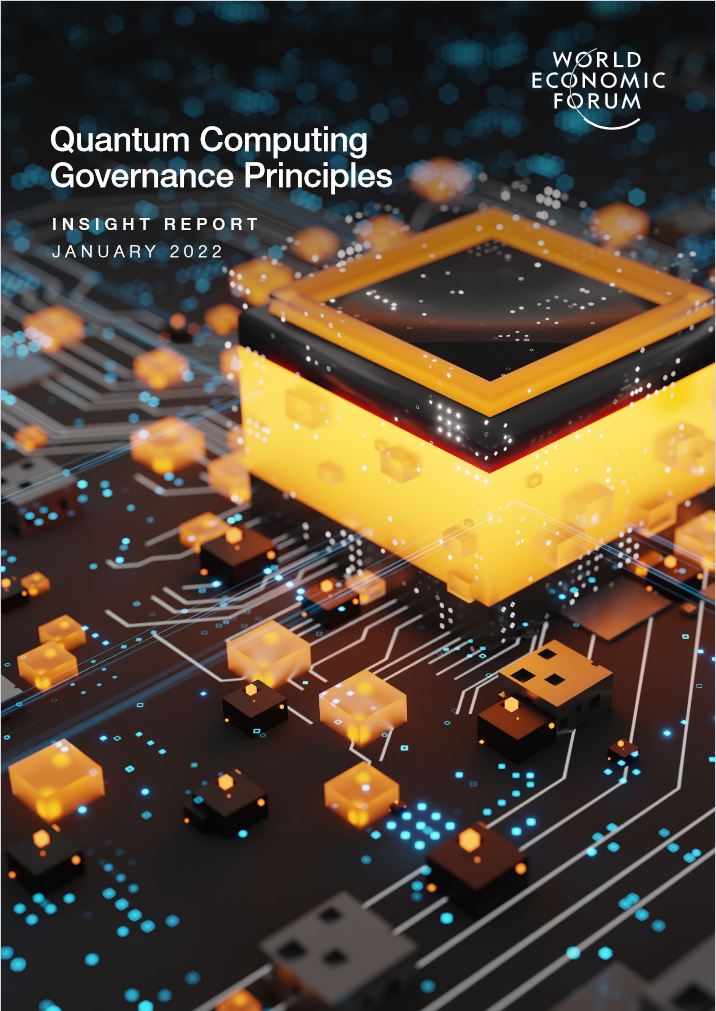 World economic forum poster. A yellow and black glowing cube fitting on a computer circuit board. 