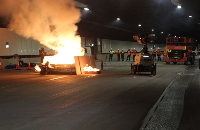 Tunnel safety. Image of hot smoke testing in a tunnel