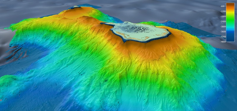 A colourful map of the seafloor beneath two islands.