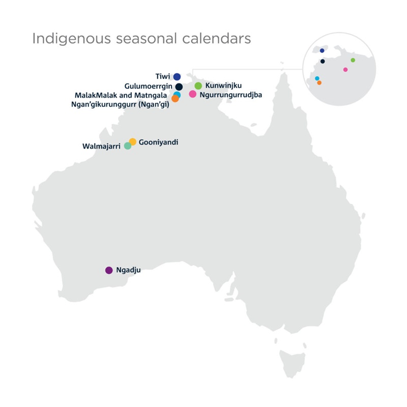 Map of Australia showing different language groups for Indigenous seasonal calendars.