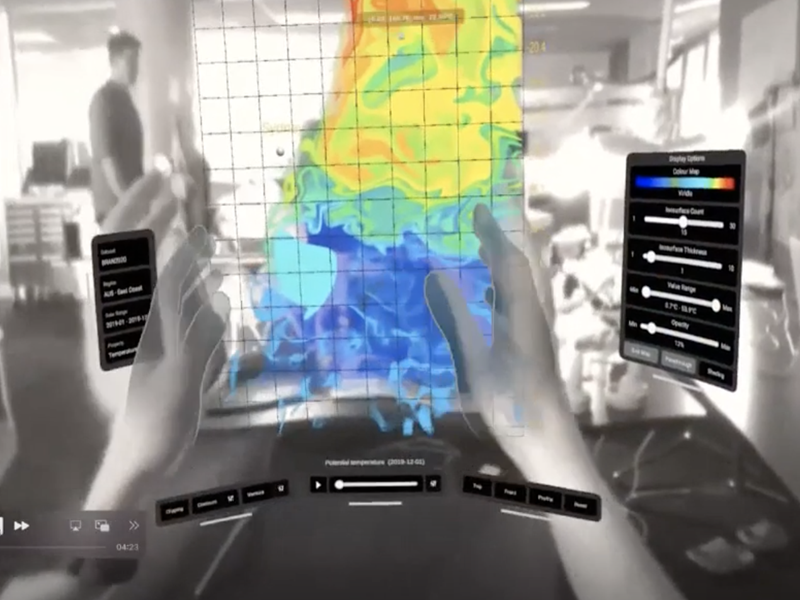 The view from a virtual reality headset that shows a colourful map of the ocean. 
