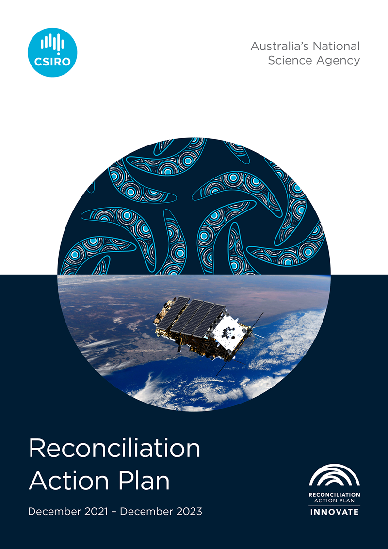 The cover of the 2021 to 2023 reconciliation action plan. A circle with a boomerang motif and an image of space. 
