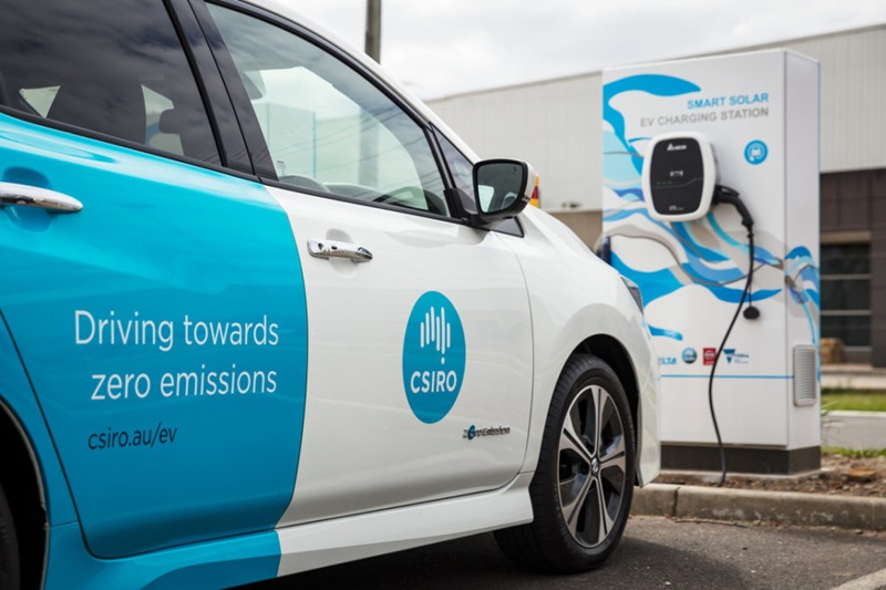 A photo demonstrating CSIRO solar-powered electric vehicle charging.
