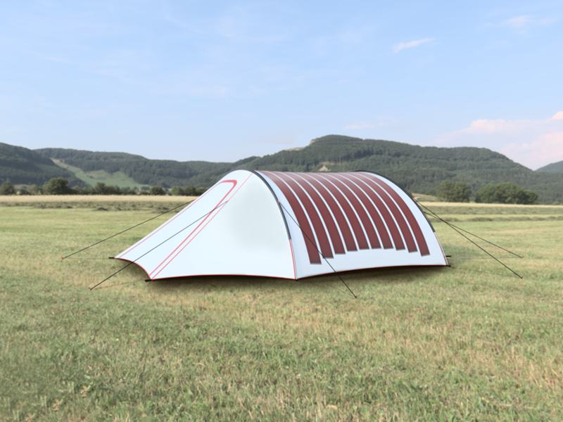 A tent pitched in a remote grassy area with flexible solar panels