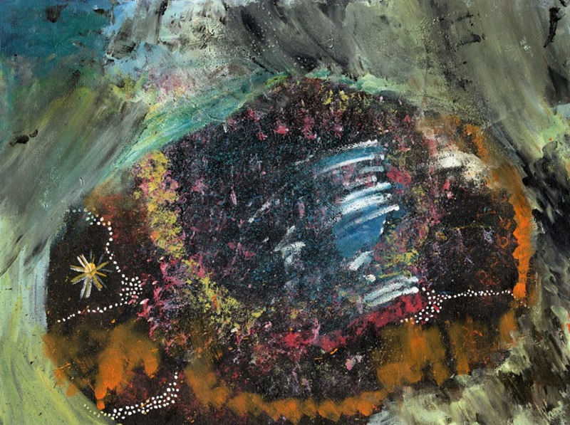 A painting of an energetic masses and colours that seem to shriek and collide.