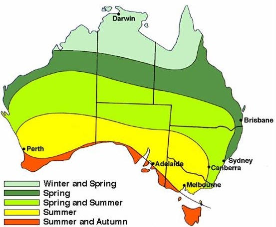 map of australia showing bushfire season times across the country ranging from Summer to Autumn towards the bottom of Australia and Winter to Spring further north