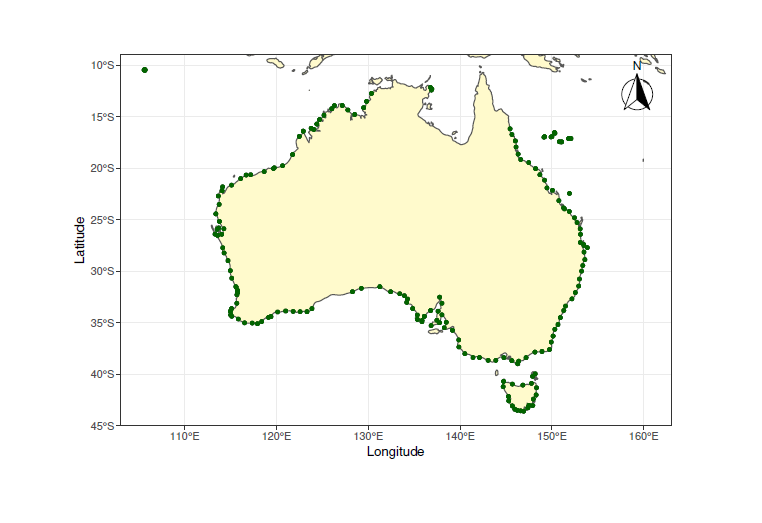 Map of Australia highlighting data collection points for marine debris