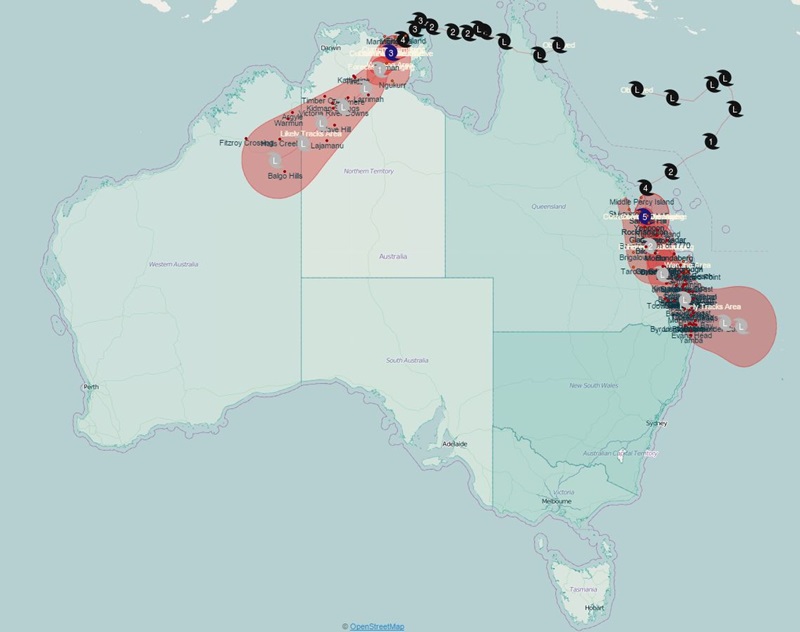 ERIC - our emergency response tool displaying the paths of Tropical Cyclone Marcia and Lam across our north-eastern coastlines.